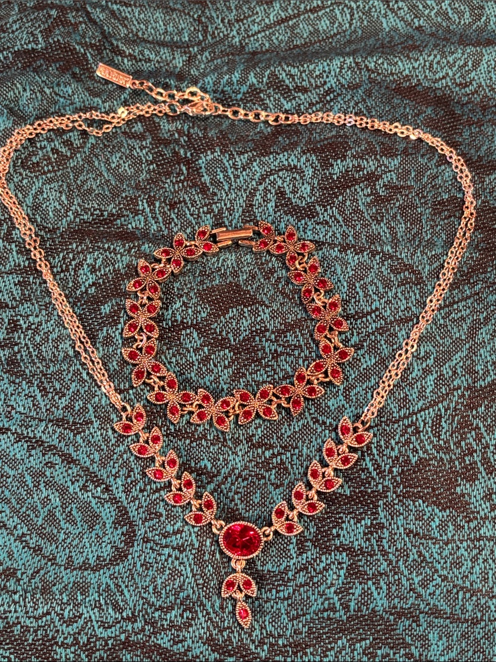 Napier Red Crystal Floral Necklace and Bracelet Set Silver-Tone Metal Vintage